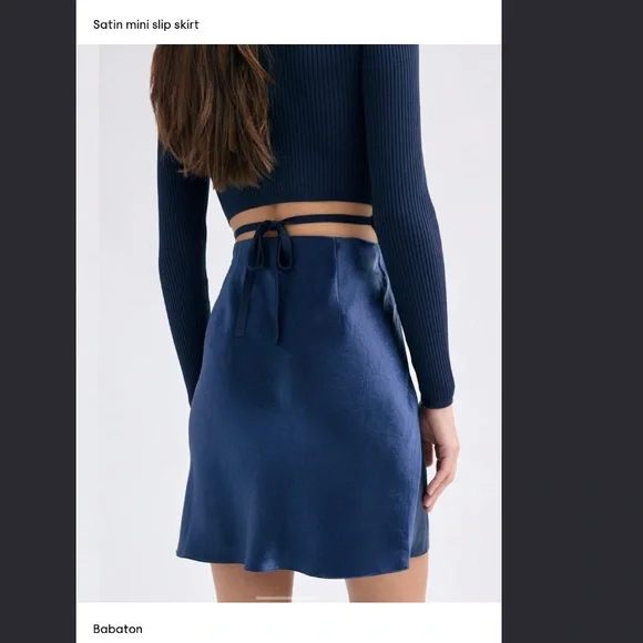 BABATON Aritzia Satin Slip Mini Skirt Navy Blue 4 - Picture 2 of 7